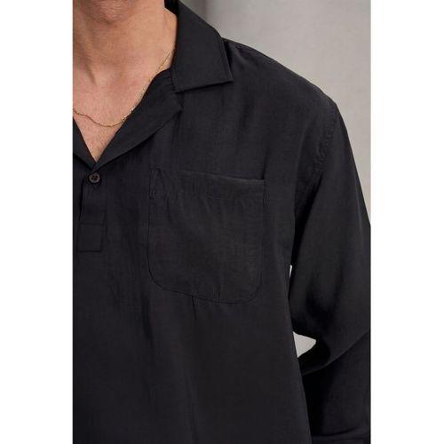 Sartre Apaş Yaka Tek Cepli İnce Modal Kumaş Oversize Uzun Kollu Yazlık Gömlek - Siyah