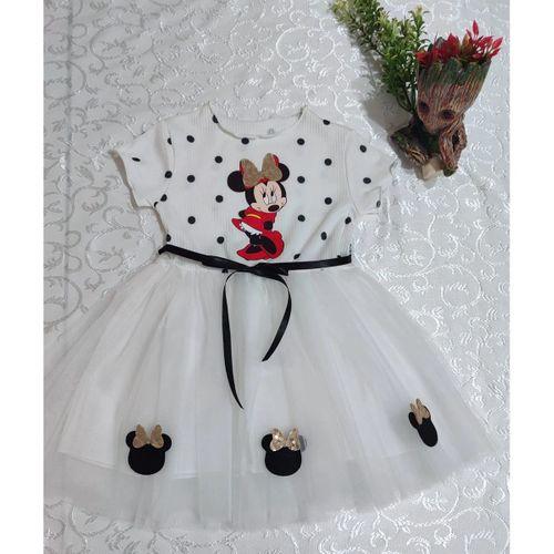 2-3-4 Yaş Puantiyeli Mickey Baskılı Kurdela Kuşaklı Astarlı Kız Bebek Tütü Elbisesi Beyaz