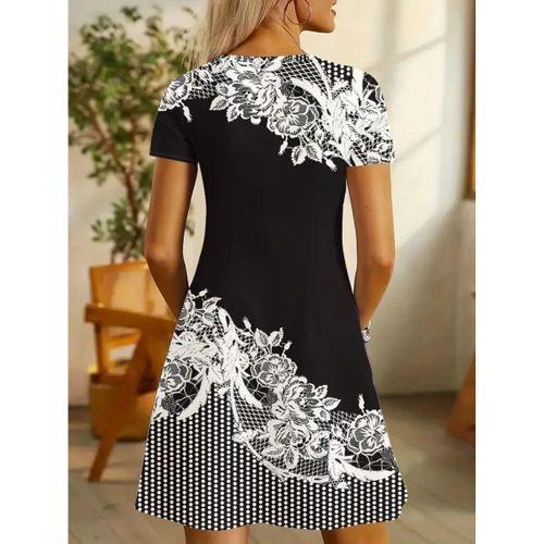 Kadın Kısa Kollu V Yakalı çiçek Baskılı Süprem Elbise