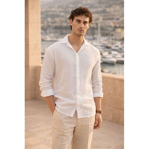 Apaş Yaka  Oversize Müslin Kumaş Gömlek - Beyaz