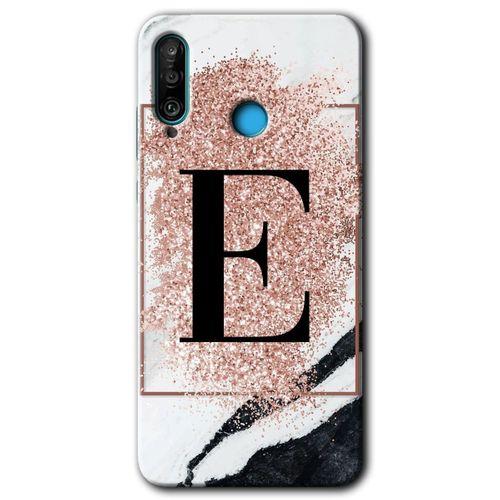 Huawei P30 Lite Kılıf Baskılı Kapak - Pembe Mermer Desenli E Harfi +Tam Ekran Koruyucu