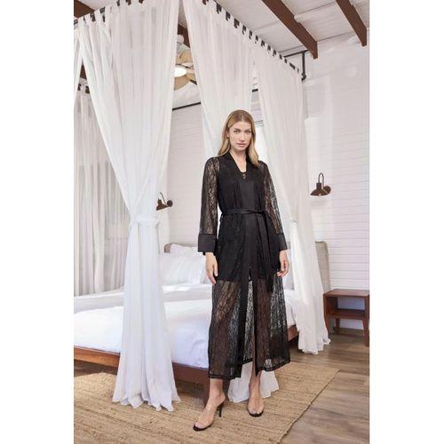 Uzun Kollu Dantelli Ve Kuşaklı Sabahlık