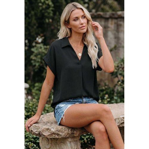 Kadın Kısa Kollu Yakalı Dokuma Viskon Bluz