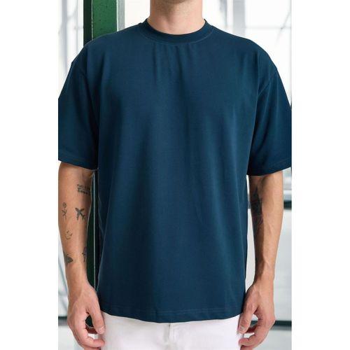 İki İplik Kumaş Pamuklu Bisiklet Yaka Basic Oversize Erkek T-Shirt - Prusya Mavisi