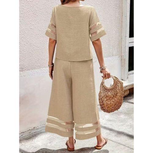 Kadın Kısa Kollu Bisiklet Yakalı Tül şerit Detaylı Bluz Ve Pantolon Ikili Takım