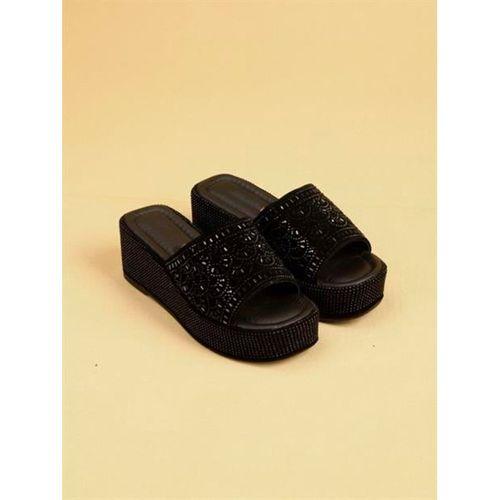 LUXLORA Işıltılı Taş Detaylı Siyah Kadın Platform Terlik