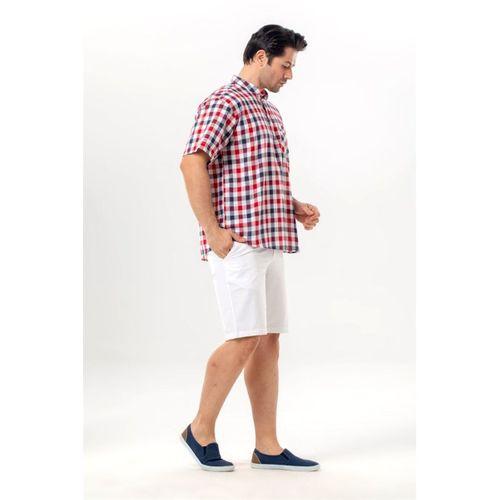 Kısa Kol Şile Bezi Tek Cepli Hakim Yaka Erkek Yazlık Tshirt Kırmızı Lacivert Kareli 3008