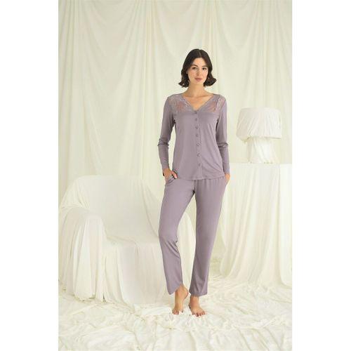 Yakası Kolu Ve Omzu Dantelli Boydan Düğmeli Pijama Takımı