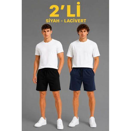 Erkek 2li Pamuklu Şort 3 İplik Şardonsuz Cepli Lastikli Bağcıklı Regular Fit - Siyah - Lacivert