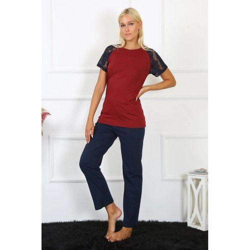 Kadın Kolu Dantelli Penye Pijama Takım Bordo