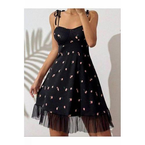 Kadın Siyah Pembe Gül Desenli Askılı Bağlamalı Dantel Detaylı Elbise 5072