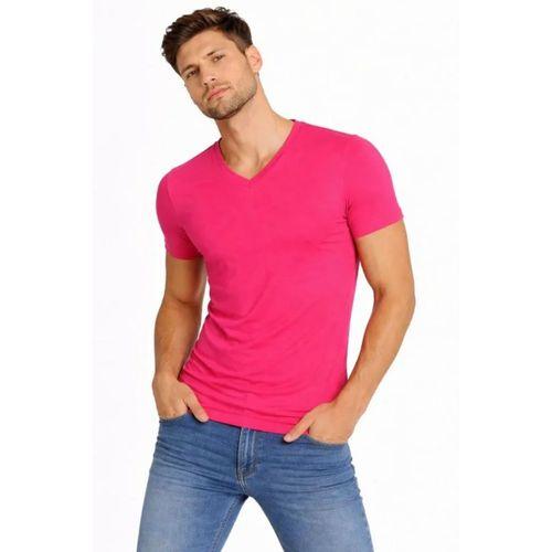 Erkek T-Shirt V Yaka Slim Fit Dar Kesim Likralı Tişört Günlük Basic Body - Pembe