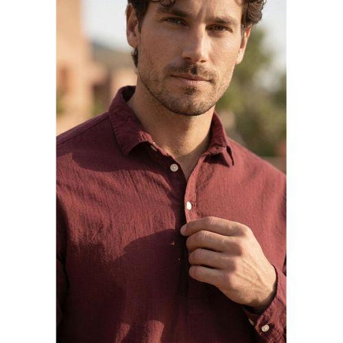 Yarım Pat Yakalı York Pamuk Kumaşlı Uzun Kollu Erkek Gömlek - Bordo