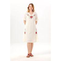 Kısa Kol İrem Nakış Detaylı Midi Boy Yazlık Şile Bezi Elbise Krem Krm