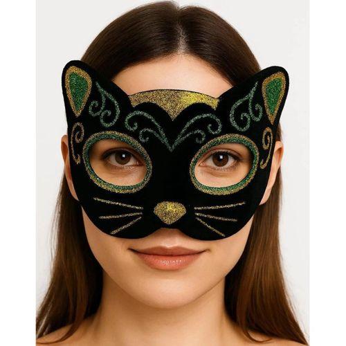 Çocuk Siyah Kadife Kaplama Üzeri Sarı Yeşil Sim İşlemeli Kedi Maskesi 20x13 cm