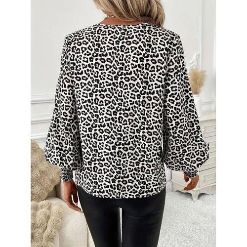 Kadın Uzun Kollu V Yaka Kollar Gipe Detaylı Leopar Desenli Süprem Bluz