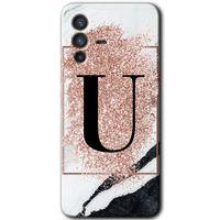 Vivo V23 5G HD Baskılı Kılıf + 9D Tam Ekran Koruyucu - Pembe Mermer Desenli U Harfi