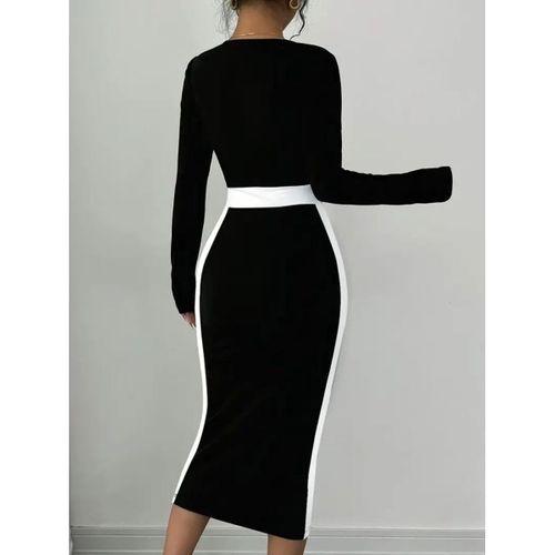 Kadın Uzun Kollu Geometrik Yaka Midi Ithal Krep Elbise