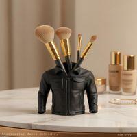 Siyah Fermuarlı Cepli Deri Ceket Formlu Makyaj Fırçalığı Masaüstü Kozmetik Düzenleyici