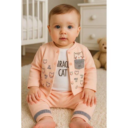 Kedi Desenli 3'lü Hırkalı Kız Bebek Takım