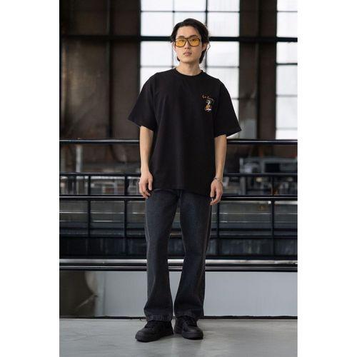 Cep Baskılı İki İplik Kumaş Pamuklu Oversize Erkek T-Shirt - Siyah