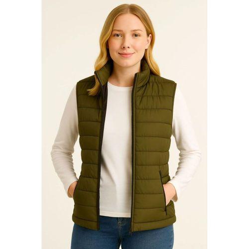 Şişme Fermuarlı Yelek Su Itici Kapitone Astarlı Kumaş Cepli Hafif Kışlık Spor Rahat Kalıp - Haki