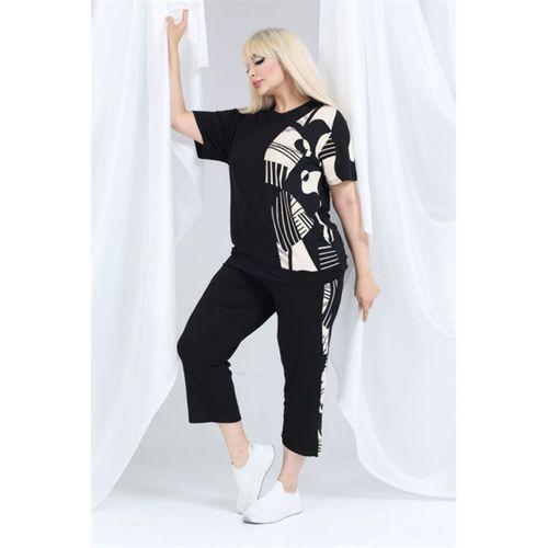 Melsay Butik Siyah Kısa Kol Yarım Barok Desen Viskon Kapri Takım