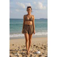 Leopar Desenli Şortlu Bağlamalı Bikini Takımı Üçgen Kesim Ayarlanabilir Esnek Kumaş Kadın Mayo Seti