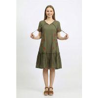 Kısa Kol Gülbin Bağcıklı V Yaka Nakışlı Yazlık Vual Kısa Elbise Haki Hk