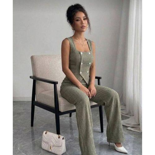 Kadın Düğmeli Bürümcük Kumaş Takım