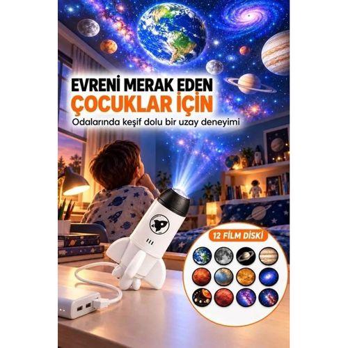 12 Film Diskli Roket Galaksi Projektörü Usb Tak Çalıştır Uzay Ve Gezegen Projeksiyon Gece Lambası