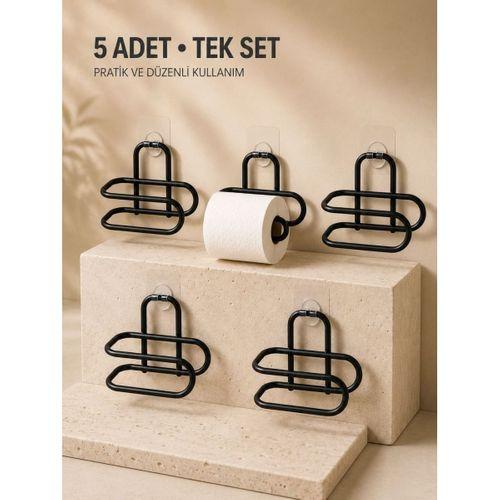 Delmeden Monte Tuvalet Kağıdı Askısı Siyah Metal Yapışkanlı Banyo Kağıtlığı 5’li Set