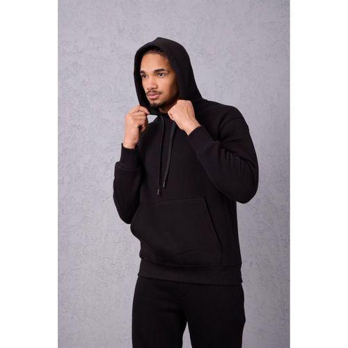 Şardonlu Kanguru Cepli Sweatshirt - 3 İplik Şardonlu Lastik Paça Erkek Eşofman Altı- Eşofman Takımı - Siyah