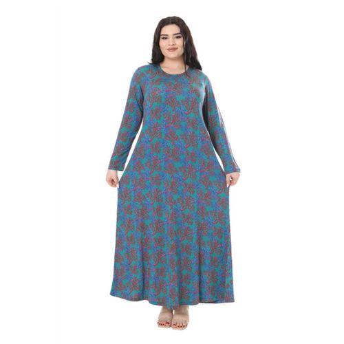 Melsay Butik Mavi Kırmızı Mercan Desen Uzun Kollu Kadın Elbise