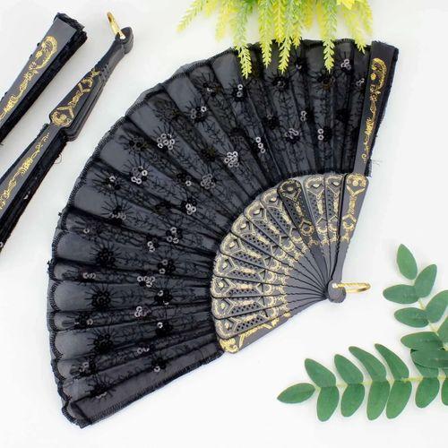 Plastik Pullu Kumaş Yelpaze 12'li Siyah