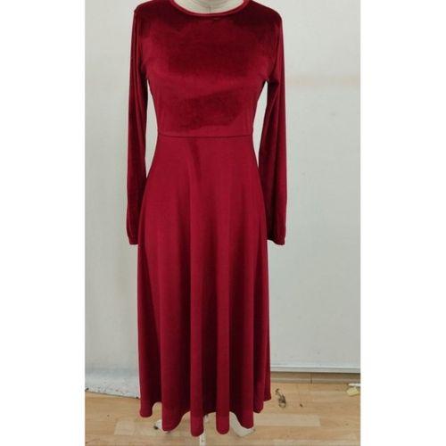 Kadın Uzun Kollu Bisiklet Yaka Midi Kadife Elbise