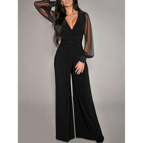 Kadın Uzun Kollu Kruvaze Yakalı Kolları Tüllü Viskon Tulum