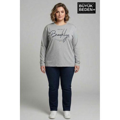 Kadın Büyük Beden El Yazılı Brooklyn Baskılı 2 İplik Bisiklet Yaka Tişört SPR26BTSK942-6