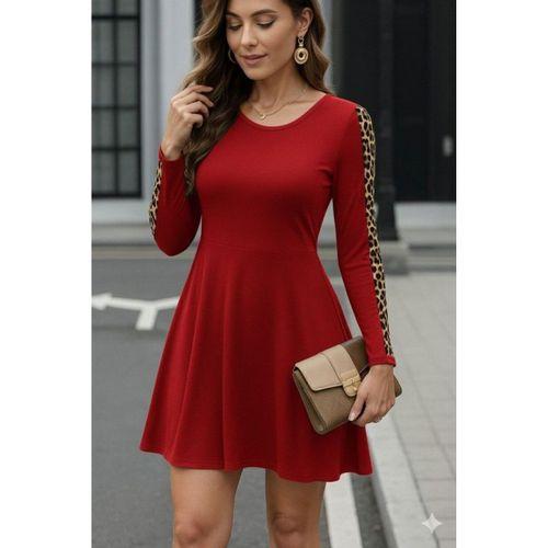 Kadın Uzun Kollu Bisiklet Yaka Kollar Leopar Detay Iki Iplik Mini Boy Elbise