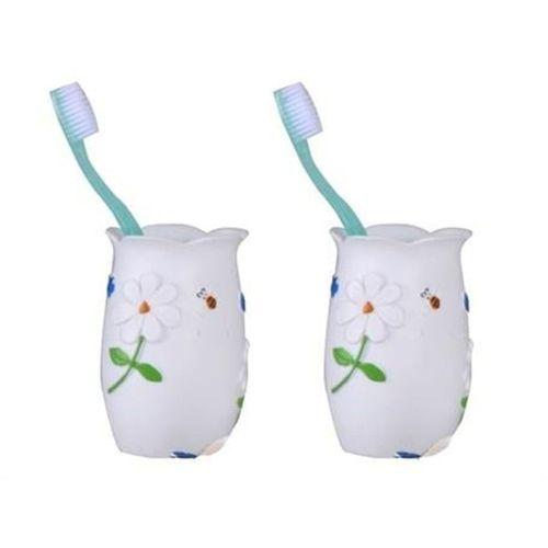2 Adet Diş Fırçalık,Macunluk Çiçekli Poliresin  7X7X10Cm Banyo Seti