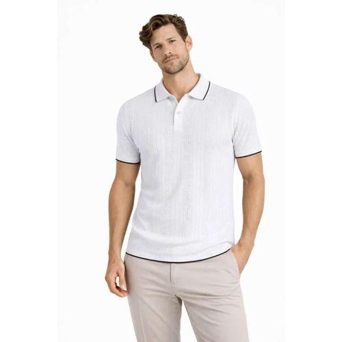 Erkek Düğmeli Yaka Triko Dokuma Tişört Desenli Yazlık Şık Günlük Triko Tişört - Beyaz