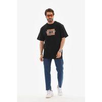 Unisex Bisiklet Yaka Baskılı Oversize T-Shirt - Siyah