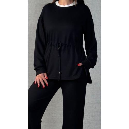 Kadın Uzun Kollu Bisiklet Yaka Belden Büzgülü Bağcıklı Viskon Iki Iplik Bluz Ve Pantolon Ikili Takım