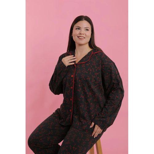 Kadın Büyük Beden Siyah Kırmızı Çiçekli Düğmeli Pijama Takımı
