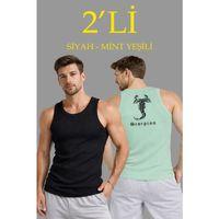 Erkek Spor Fitilli Atlet 2li Set Siyah Ve Mint Yeşili Slim Fit Kaşkorse Arka Baskılı Spor Atlet