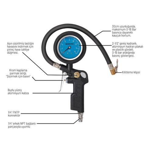 WORKPRO WP314063 16Bar Yağlı Basınç Göstergeli Profesyonel Havalı Lastik Şişirme Tabancası