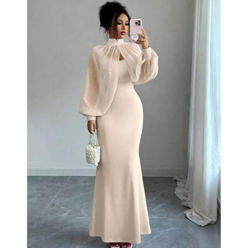 Kadın Balıkçı Yaka İnci Ve Tül Detay Dalgıç Kumaş Maxi Boy Elbise