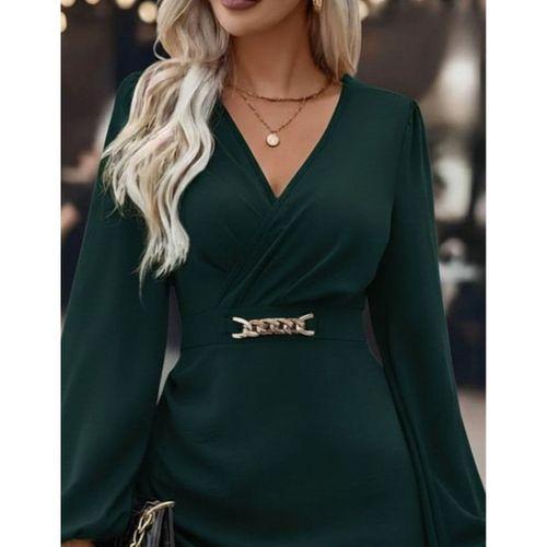 Kadın Uzun Kollu Kruvaze Yaka Yandan Büzgülü Asimetrik Detaylı Ithal Krep Mini Elbise