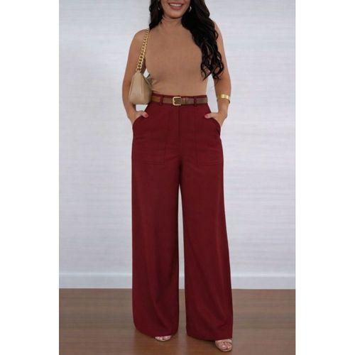 Kadın Yüksek Bel Geniş Paça Detaylı Cepli Ithal Krep Pantolon