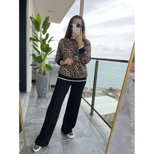 Kadın Uzun Kollu Bisiklet Yaka Leopar Desenli Iki Iplik Bluz Ve Viskon Iki Iplik Pantolon Ikili Takım